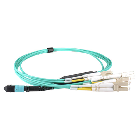 10m OM4 BASE-12 MPO (f) to 4X LC (DX) Breakout Aqua CPR Cable Method B