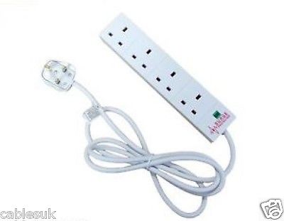 UK Plug to 4 Way UK Socket White Extension Lead Surge and Spike Protected 5m 5 metres