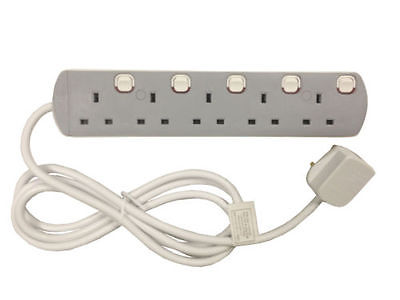 Power Strip Extension Cable UK Mains Male Plug to 5x Switched Female Sockets 2m