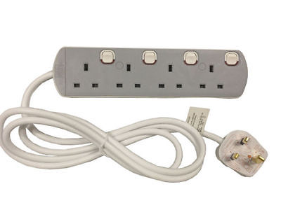 Power Strip UK Mains Male Plug to 4x Switched Female Sockets 2m