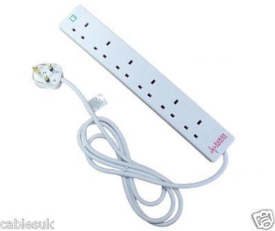 UK plug to 6 Way UK Socket White Extension Lead Surge and Spike Protected 2m 2 metres